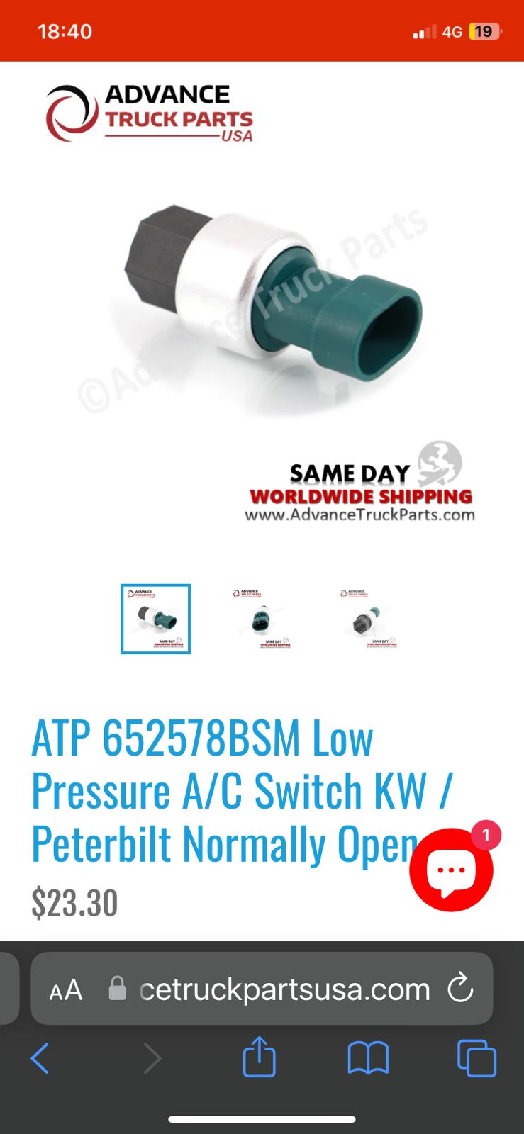 ATP 652578BSM Low Pressure A/C Switch KW