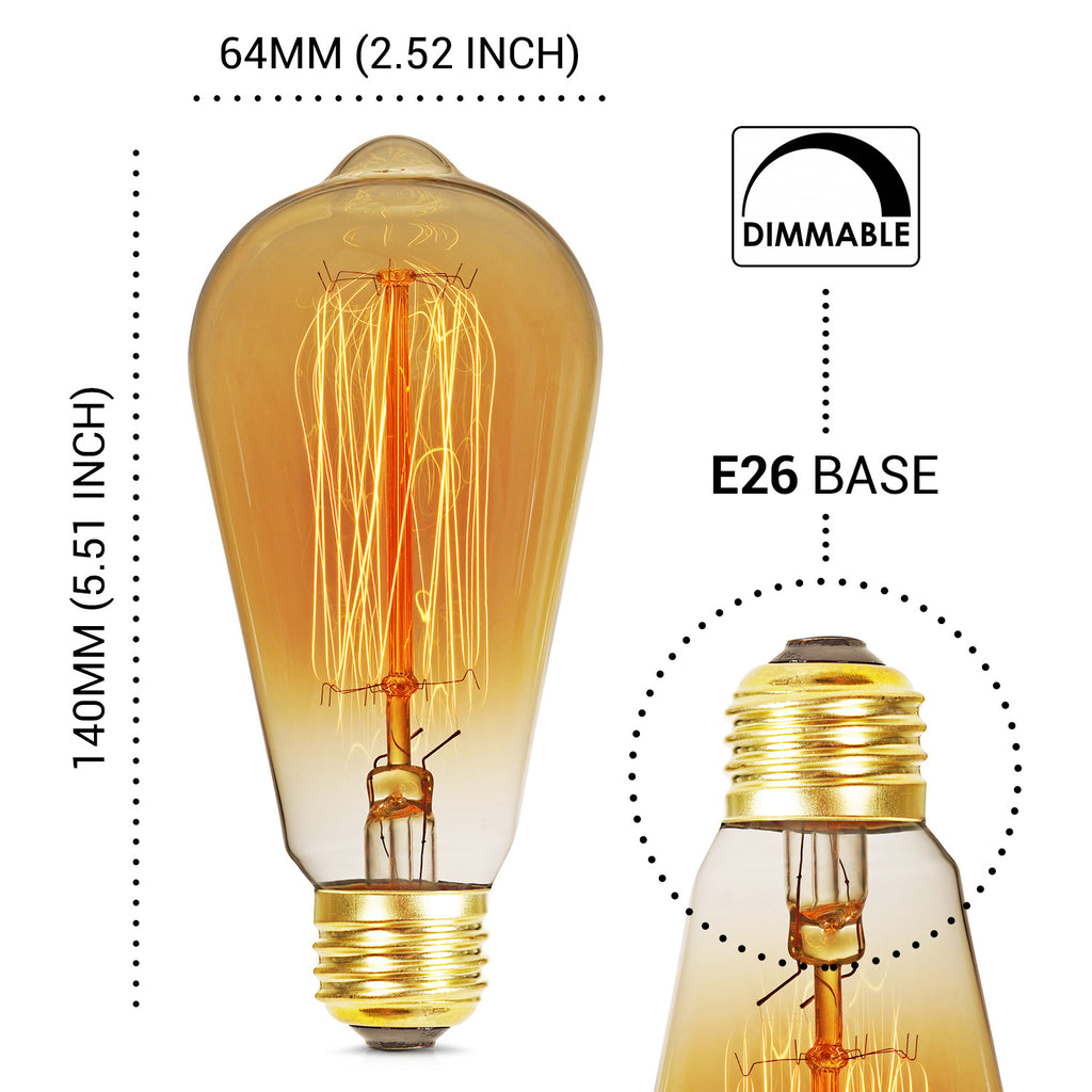 Basics Hardware 6-Pack Edison Light Bulb, Antique Vintage Style Light, Amber Warm Incandescent, Dimmable (60w/110v)