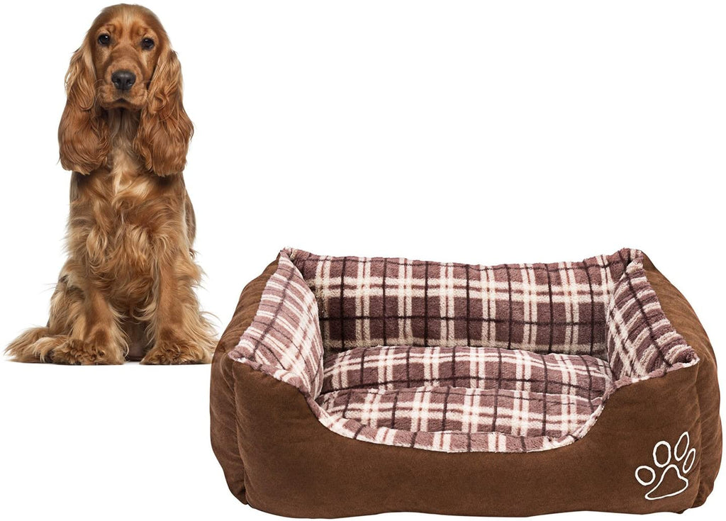 Animals Favorite New Rectangle Pet Bed with Dog Paw Print (Checkered and Brown)