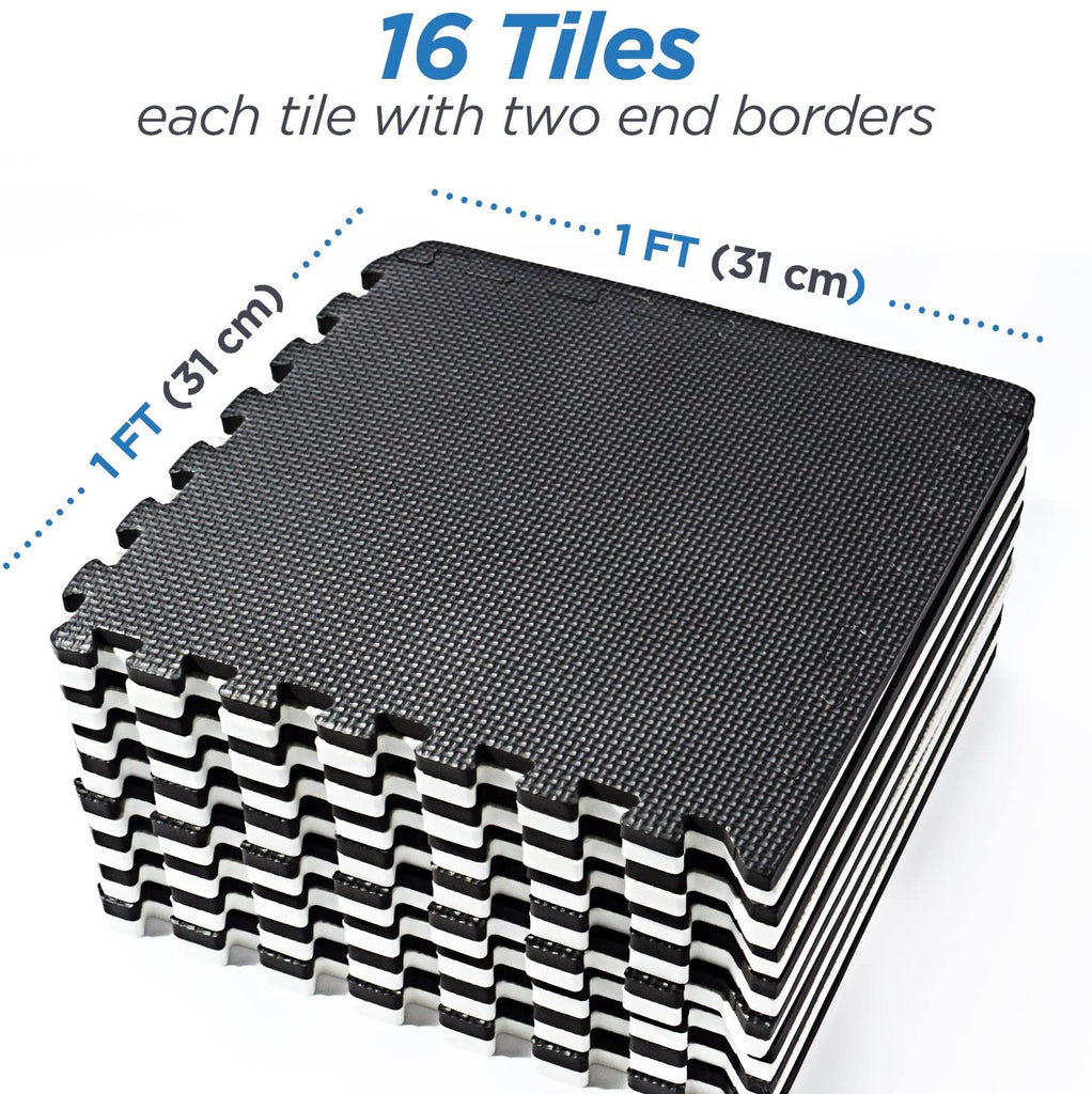 Over the Floor Interlocking Floor Tiles, EVA Foam Puzzle Mat with Borders - Black and White, 16 SQ. FT (16 Tiles) (Black & White)