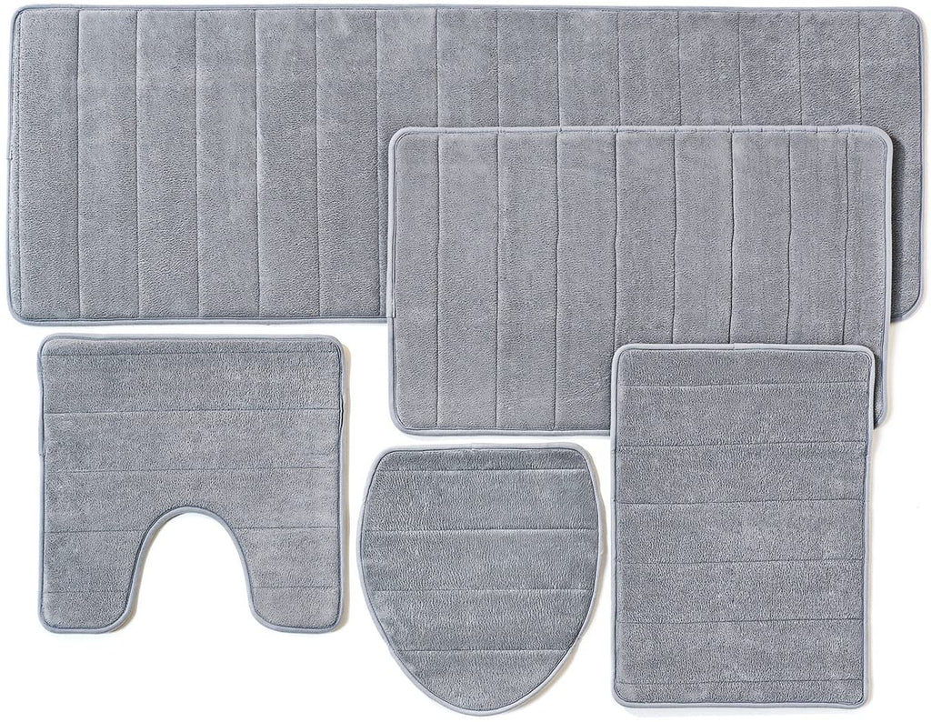 Over the Floor Bathroom Rug Mat, 5-Piece Set Memory Foam, Extra Soft Non-Slip Back (Gray)