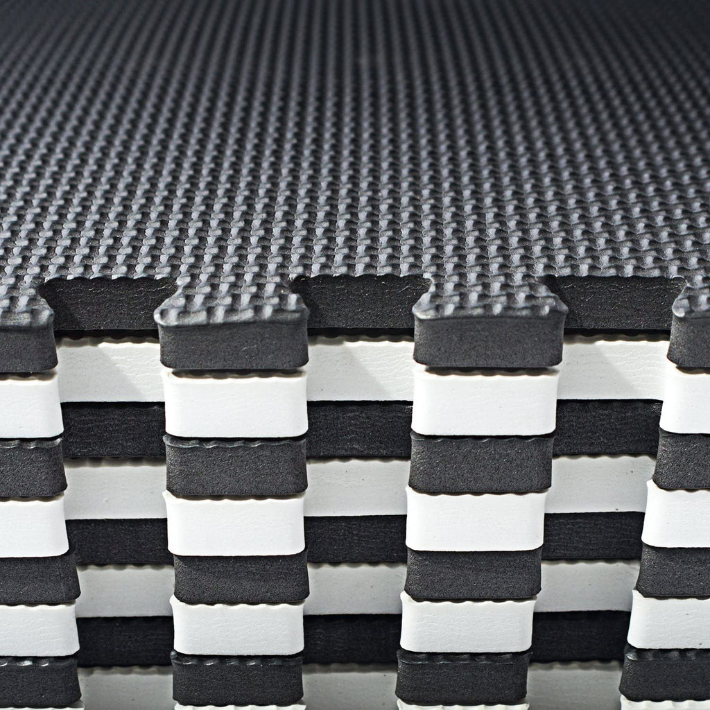 Over the Floor Interlocking Floor Tiles, EVA Foam Puzzle Mat with Borders - Black and White, 16 SQ. FT (16 Tiles) (Black & White)